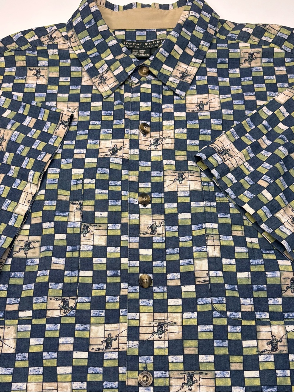 Royal Robbins Short-Sleeve Check Shirt Blue & Green Fly Fishing Theme Size L